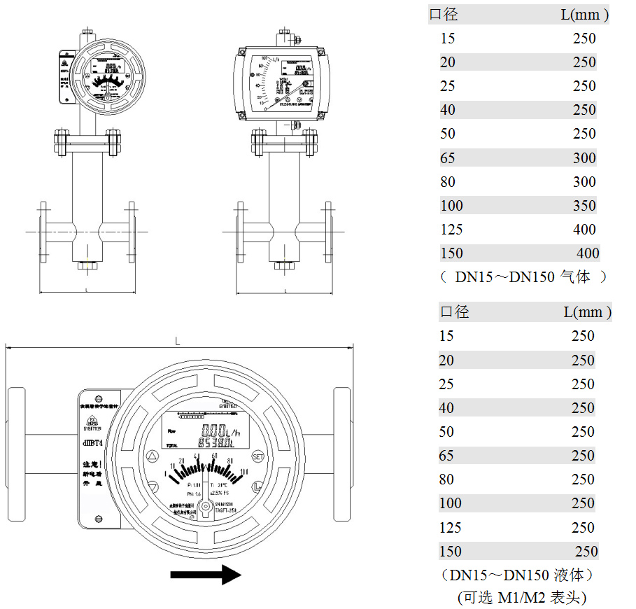 遠傳金屬轉子流量計水平安裝型：型外形尺寸、重量及壓損