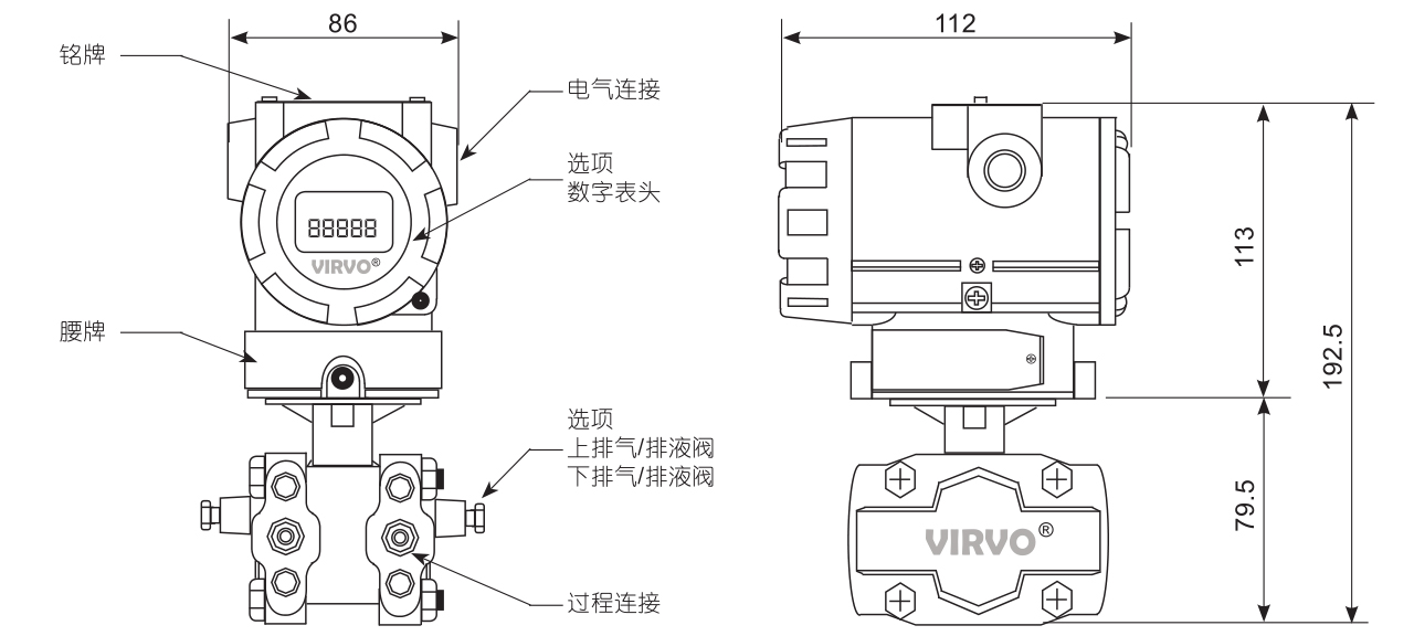 RP62系列全智能差壓變送器-結構尺寸圖
